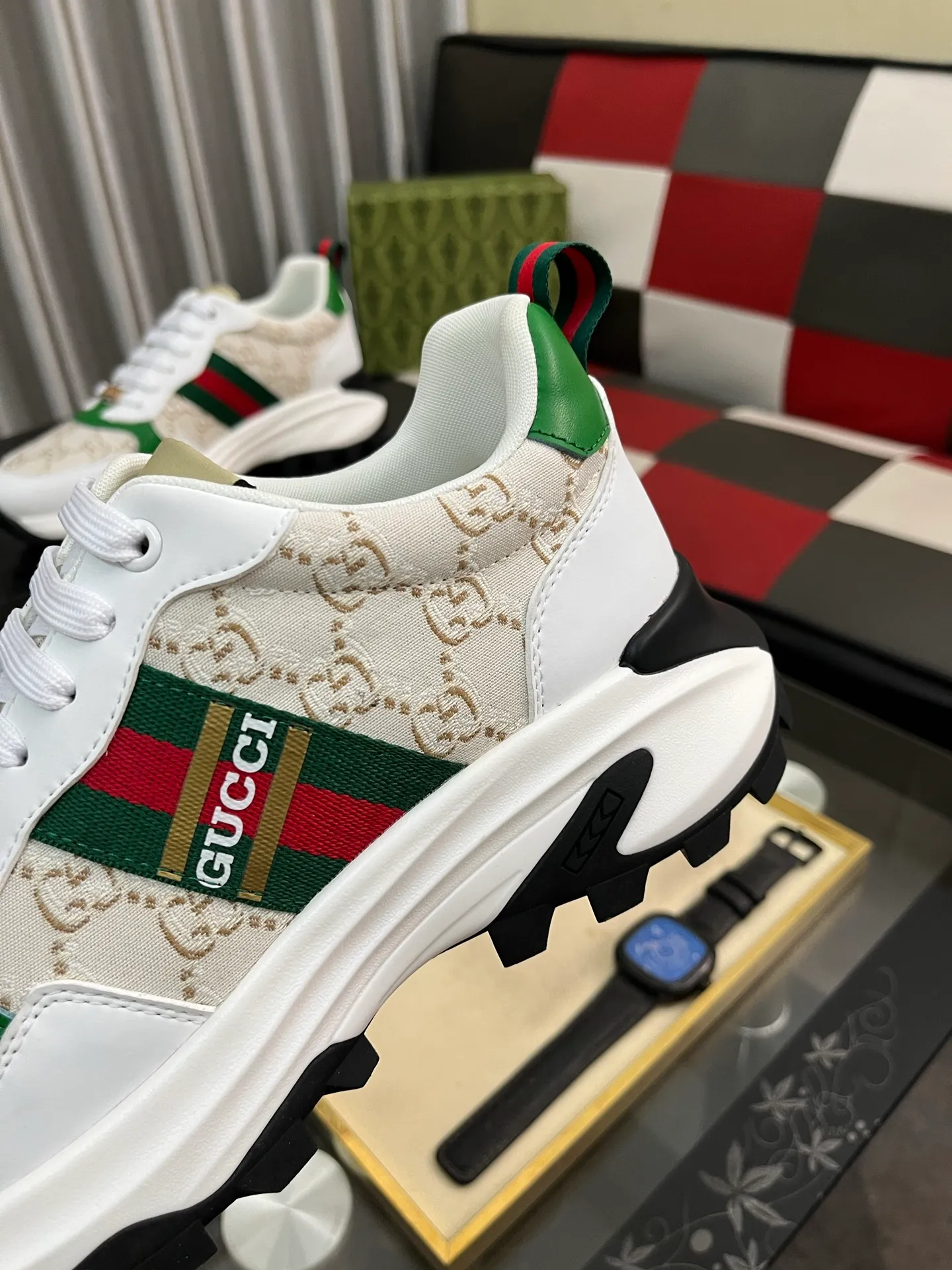 Men's shoes 💰458⌚️⌚️ Gucci •Gucci original quality. ~ Unique modern style sneakers. 🏃A must-have casual shoe for trendy men😍😍 Original brand imported from Italy, imported original leather, sheep lining (refuses to discolor and grind feet) Sole: Original sole provided by the original factory, French lazy style design ⚠️Fit to the feet, original quality attached, super comfortable original sole, code number: 38-444️⃣Colors available